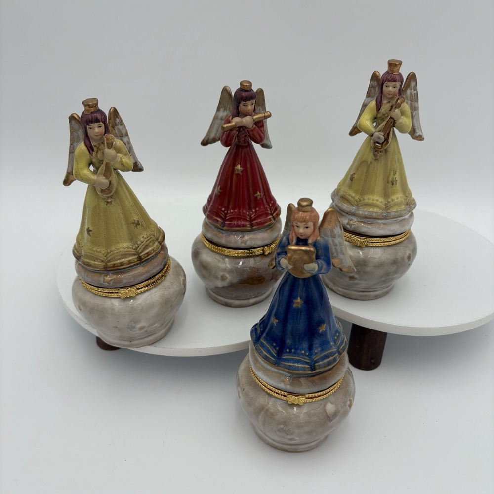 Set Of 4 Angel Trinket Box with Instrument and Stars Hinged 6" Tall Vintage